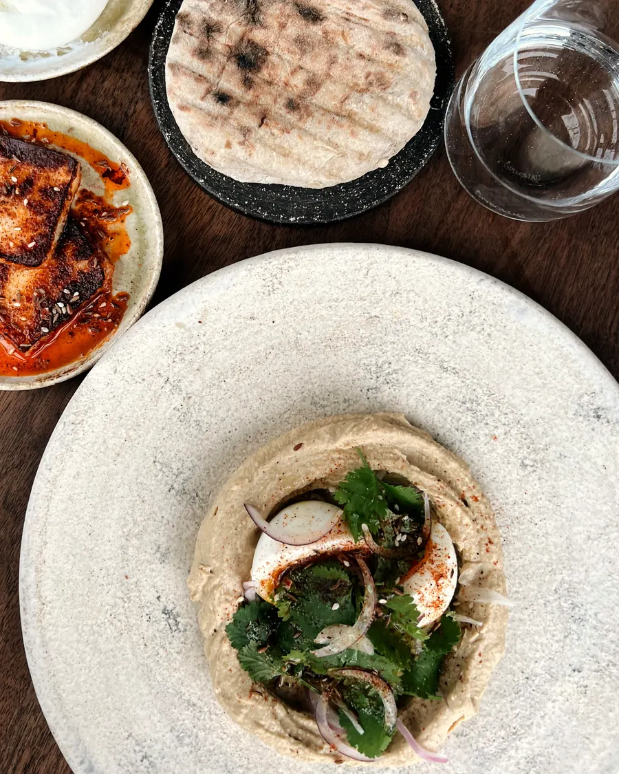 Hummus topped with herbs and red onion, with grilled flatbread